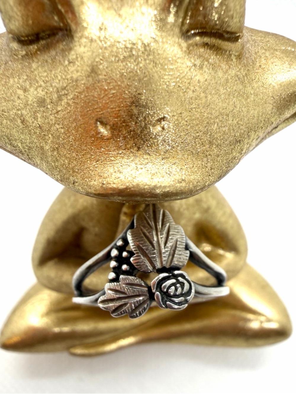 Sterling Silver Rose & Leaf Black Hills Gold Plated Ring